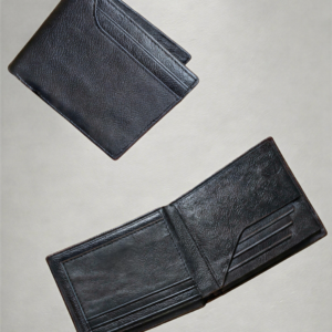 Home Black genuine leather bifold wallet for men showing inside card slots and outer design