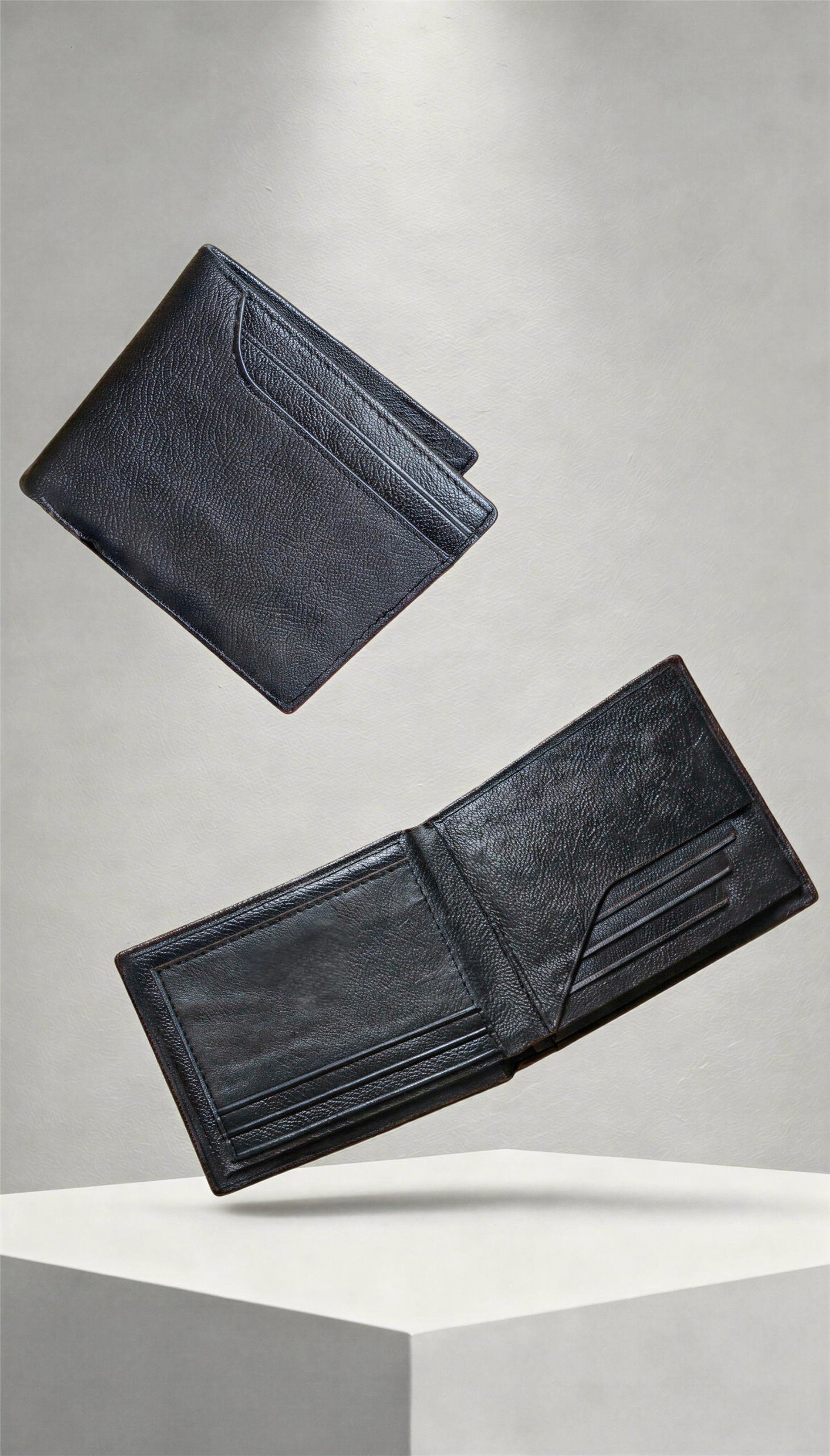 Black Genuine Leather Bifold Wallet for Men – Inside & Outside View Black genuine leather bifold wallet for men showing inside card slots and outer design