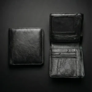 Black genuine leather bifold wallet for men showing open interior with card slots and closed exterior
