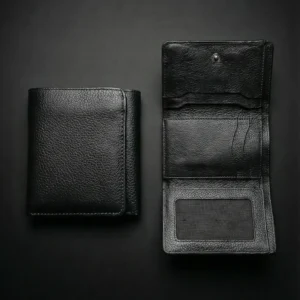 Black genuine leather bifold wallet for men with snap button pocket showing open and closed view