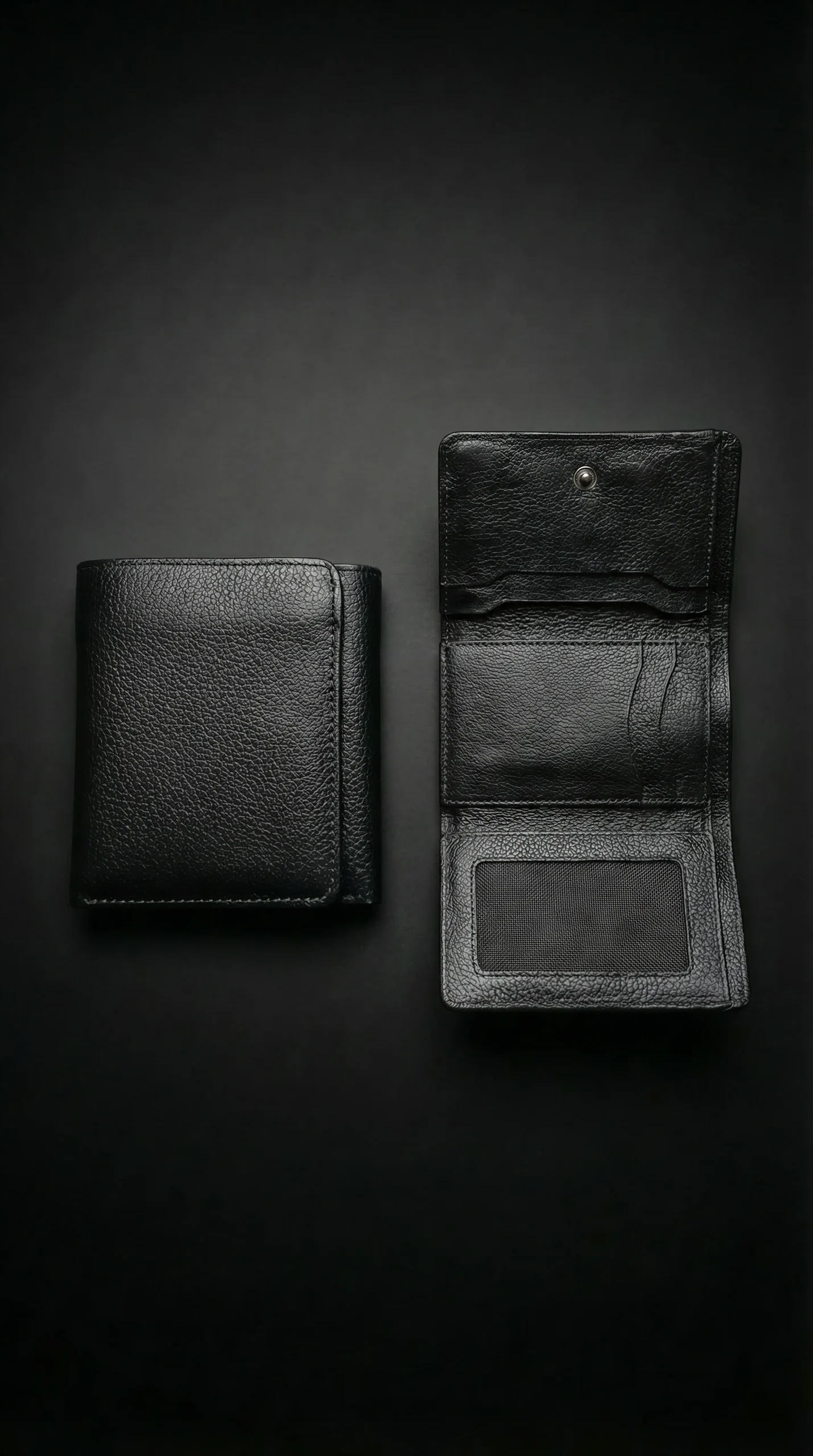 Black Genuine Leather Bifold Wallet for Men with Snap Pocket Black genuine leather bifold wallet for men with snap button pocket showing open and closed view