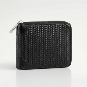 Home Black woven genuine leather zip wallet and card holder with compact design