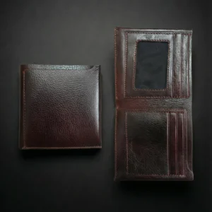 Dark brown genuine leather bifold wallet for men showing open interior and closed exterior