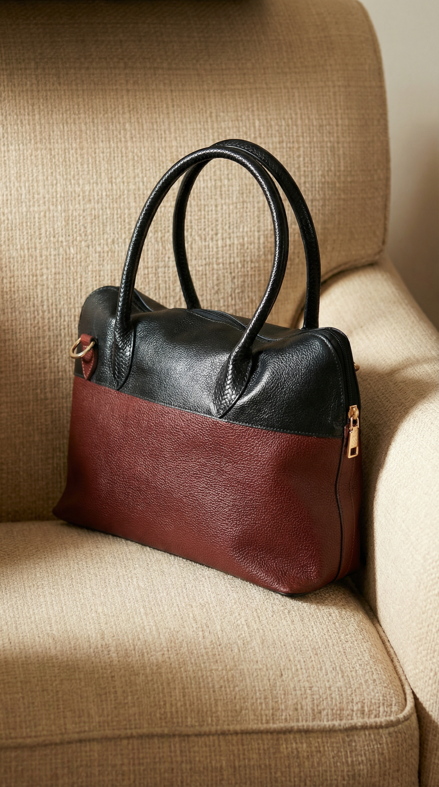 Two-Tone Genuine Leather Handbag for Women – Black & Chocolate Brown Two-tone genuine leather handbag for women in black and chocolate brown with top handles