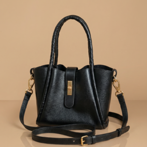 Black genuine leather handbag for women with top handle and adjustable crossbody strap