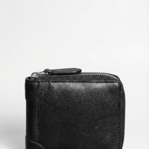Home Black genuine leather zip wallet closed exterior view with smooth finish and zipper closure