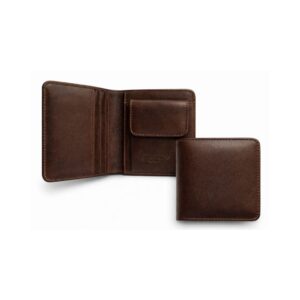 Home Brown genuine leather bifold wallet for men with coin pocket showing open and closed view