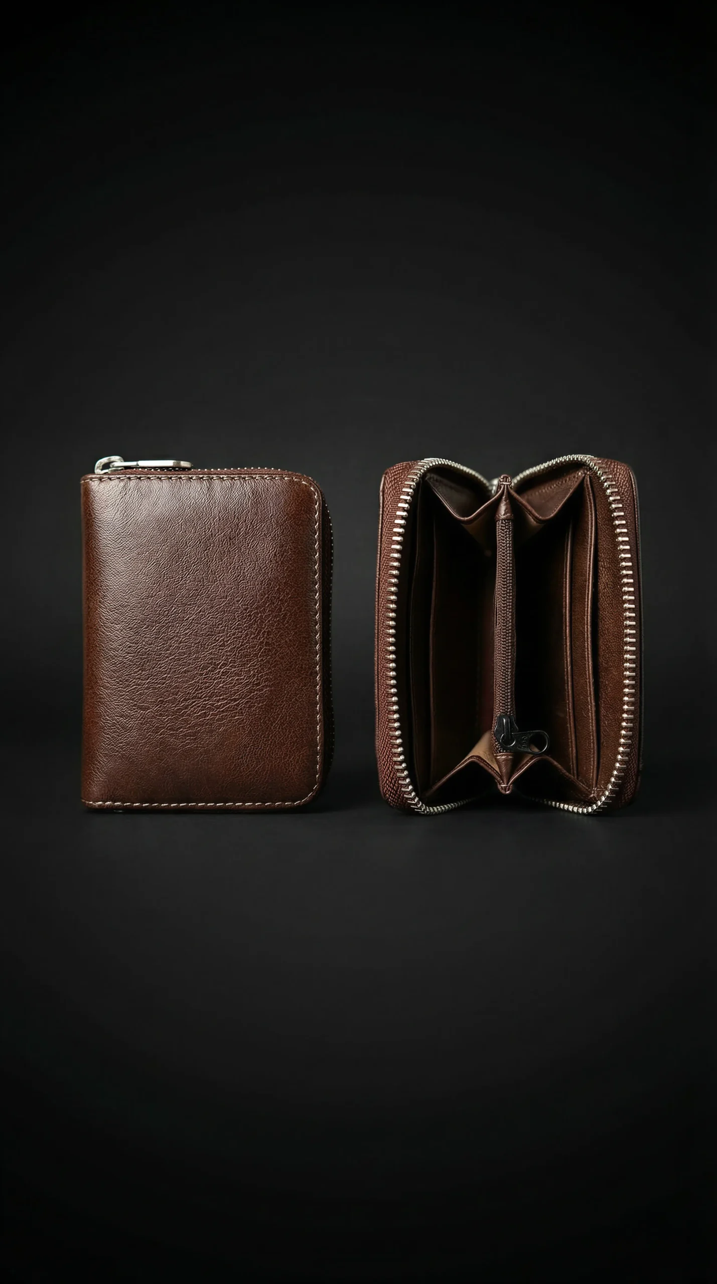 Brown Genuine Leather Zip Wallet – Open & Closed View Brown genuine leather zip wallet showing open interior compartments and closed exterior view